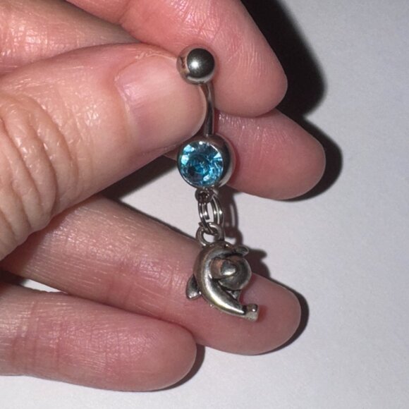 Aqua Blue Dolphin with Ball Dangle Belly Ring - Picture 7 of 16